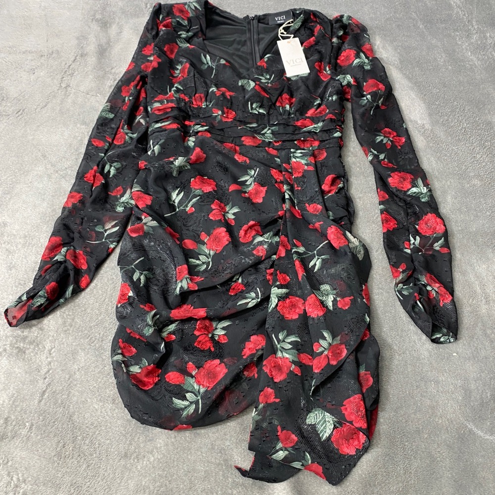 Vici Dress Womens S Black Red Floral Rose Ruched Ruffle Mini V-Neck Long Sleeve